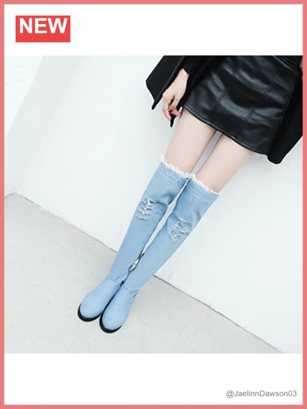 Denim Over the Knee Boots Flat Chunky Heel Side Zipper